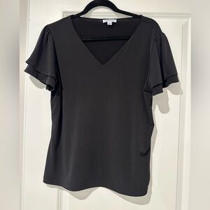 Calvin Klein Elegant Black V-Neck Ruffle Sleeve Top Size L